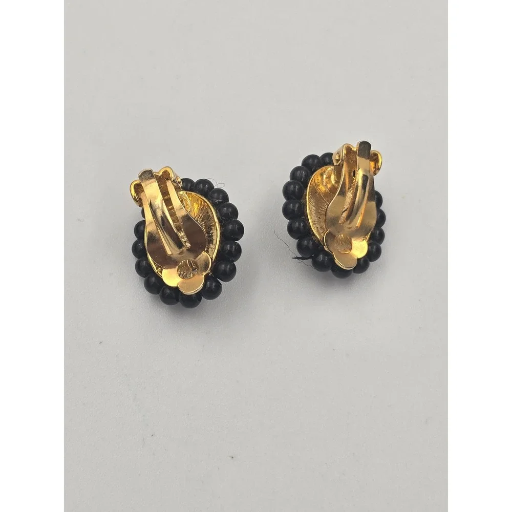 Vintage Black‎ Cabochon Gold Tone Clip On Earrings Beaded Oval Classic Style